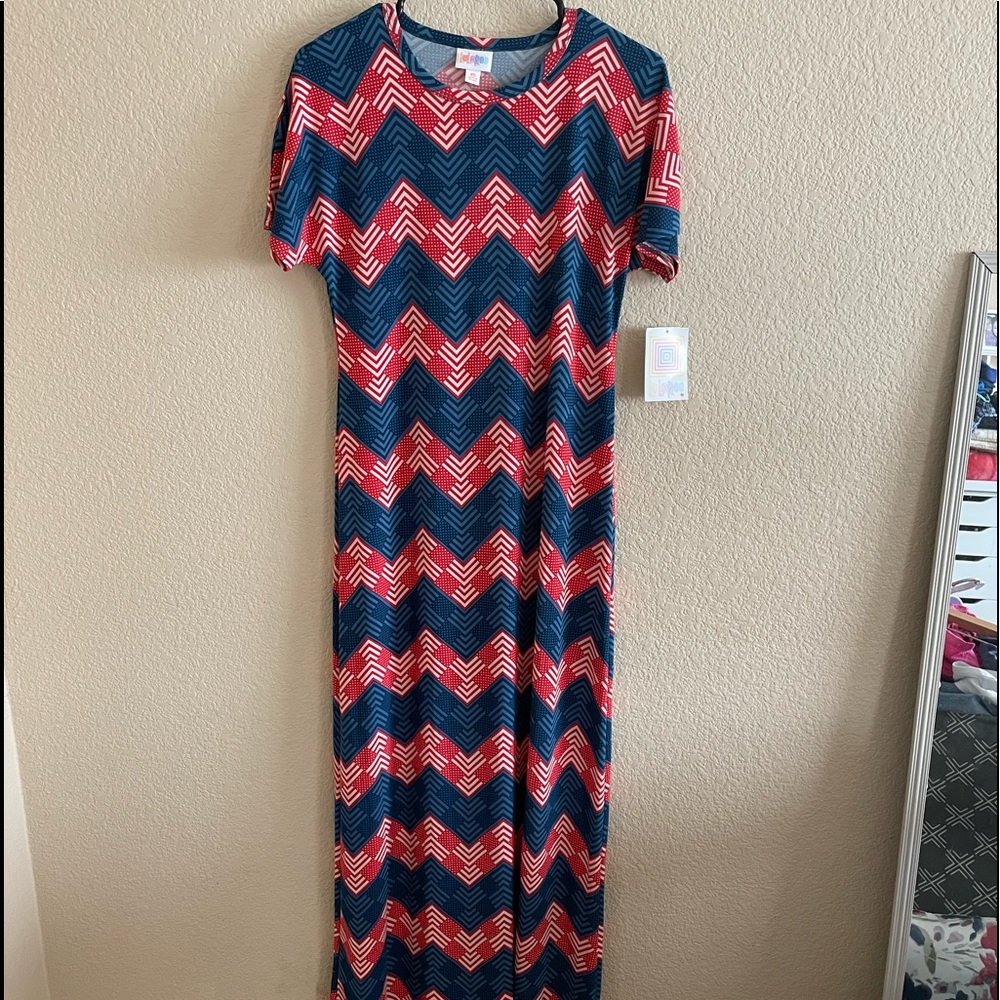 LuLaRoe Maria Maxi Dress Women’s XS Red White Blue 4th of July Boho Zigzag.